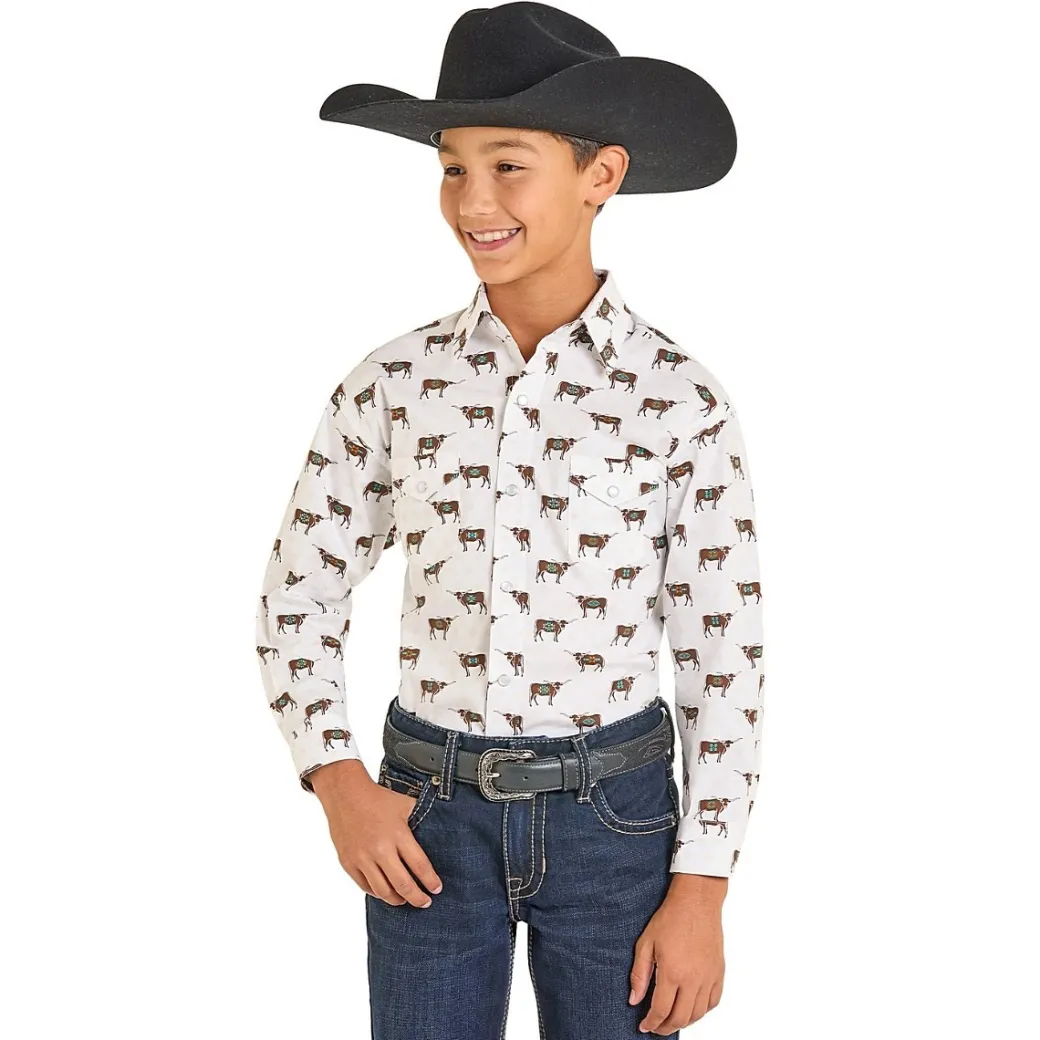 Boys Panhandle Steer Print LS Snap Shirt