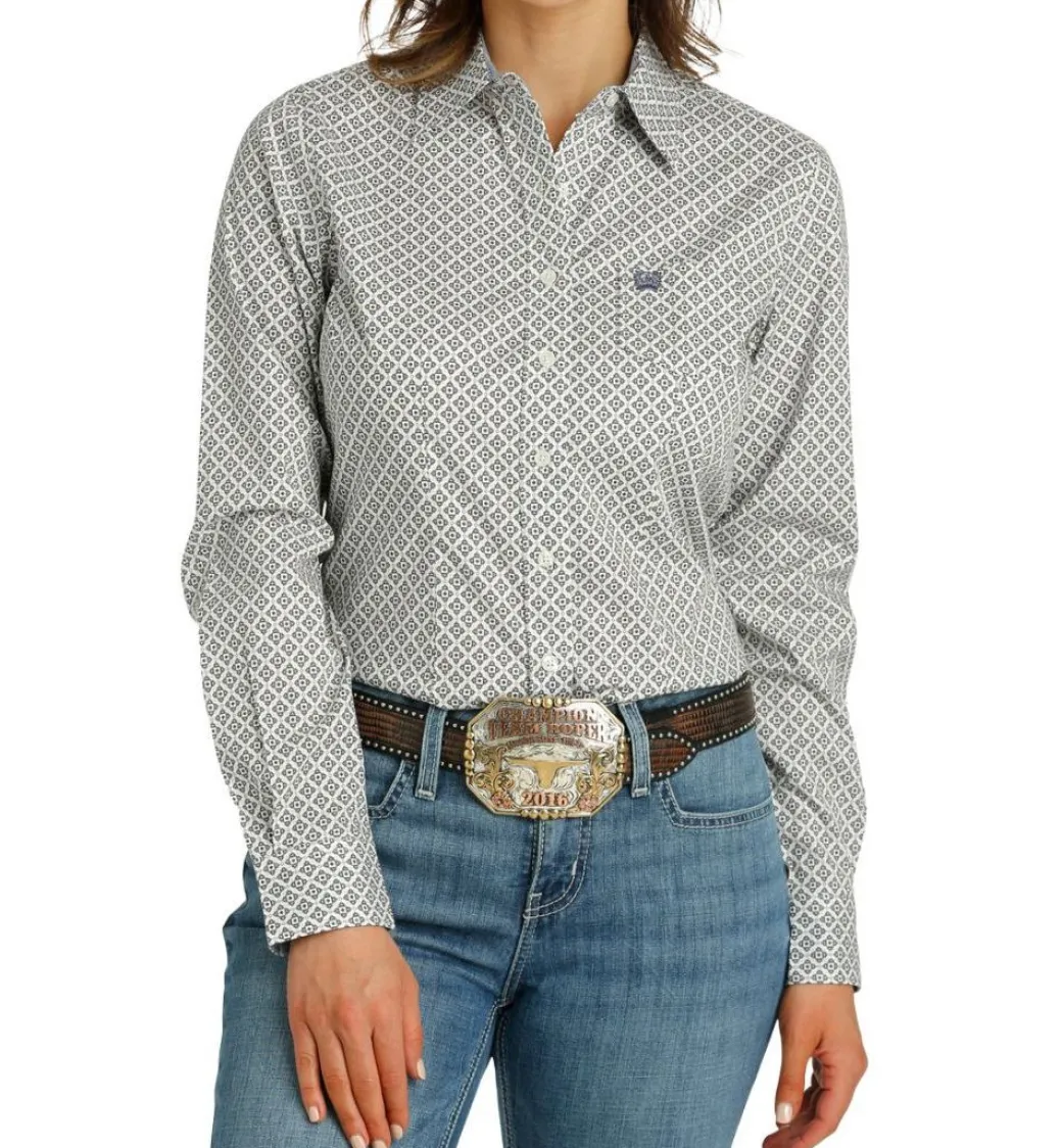 Cinch Cream Medallion Print LS Shirt