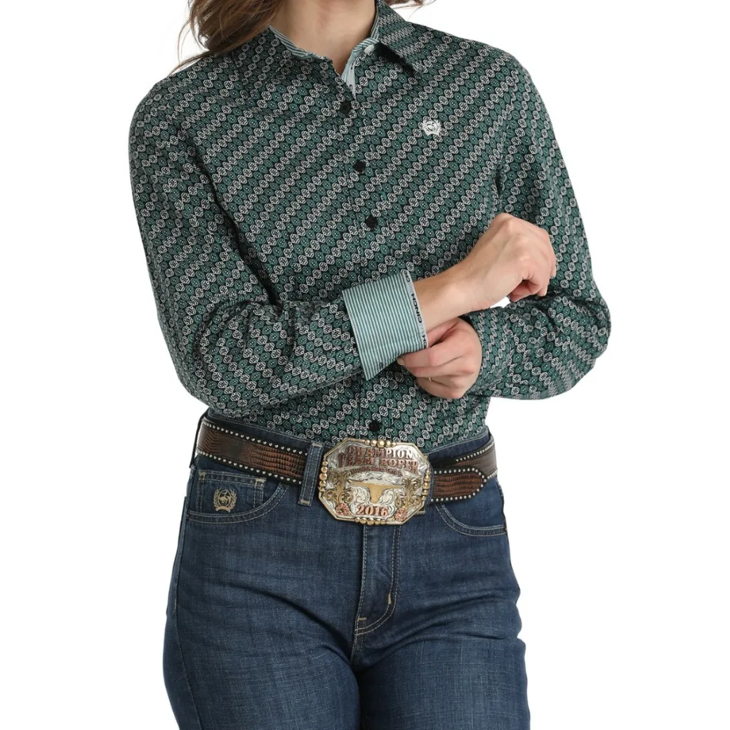 Cinch Medallion Print Teal Blue LS Shirt