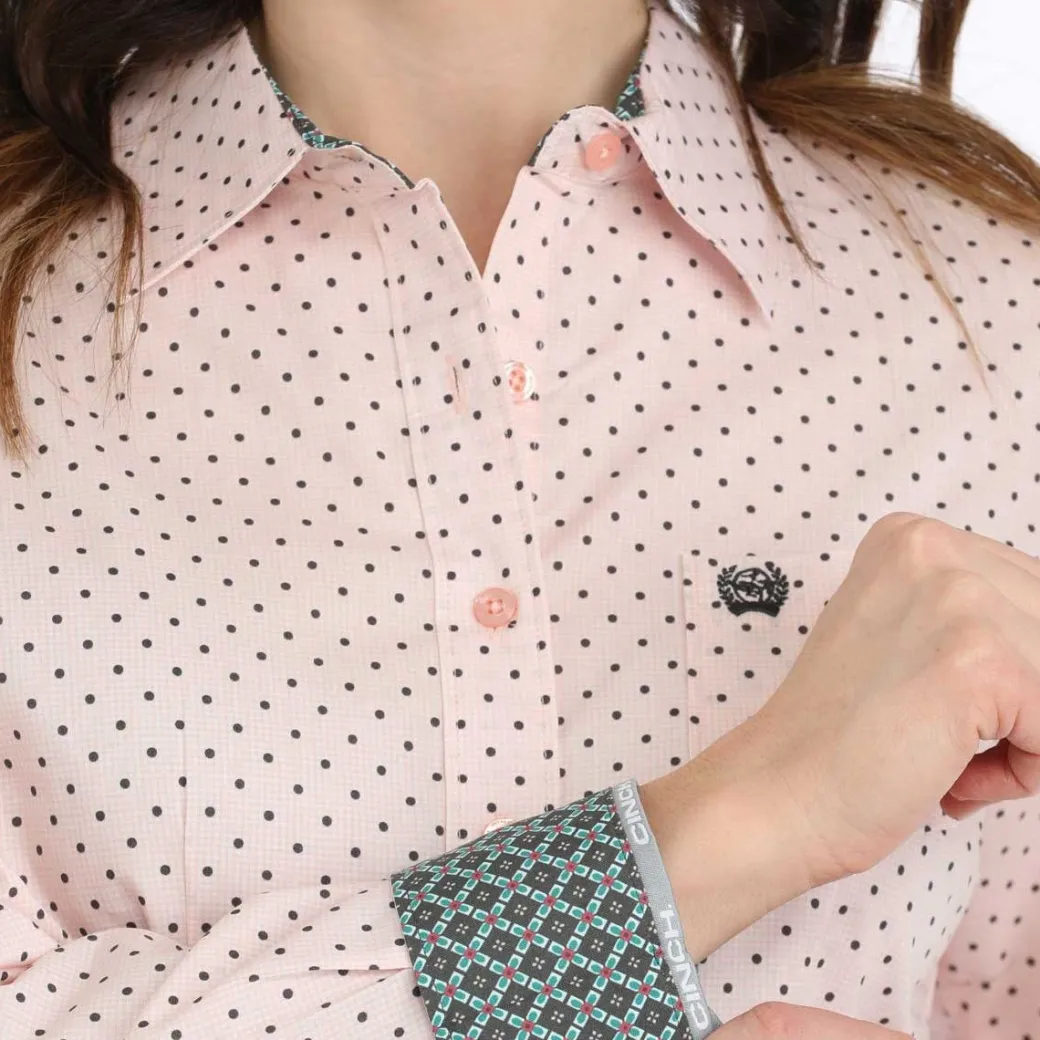 Cinch Pink Gingham Dot LS Performance Shirt