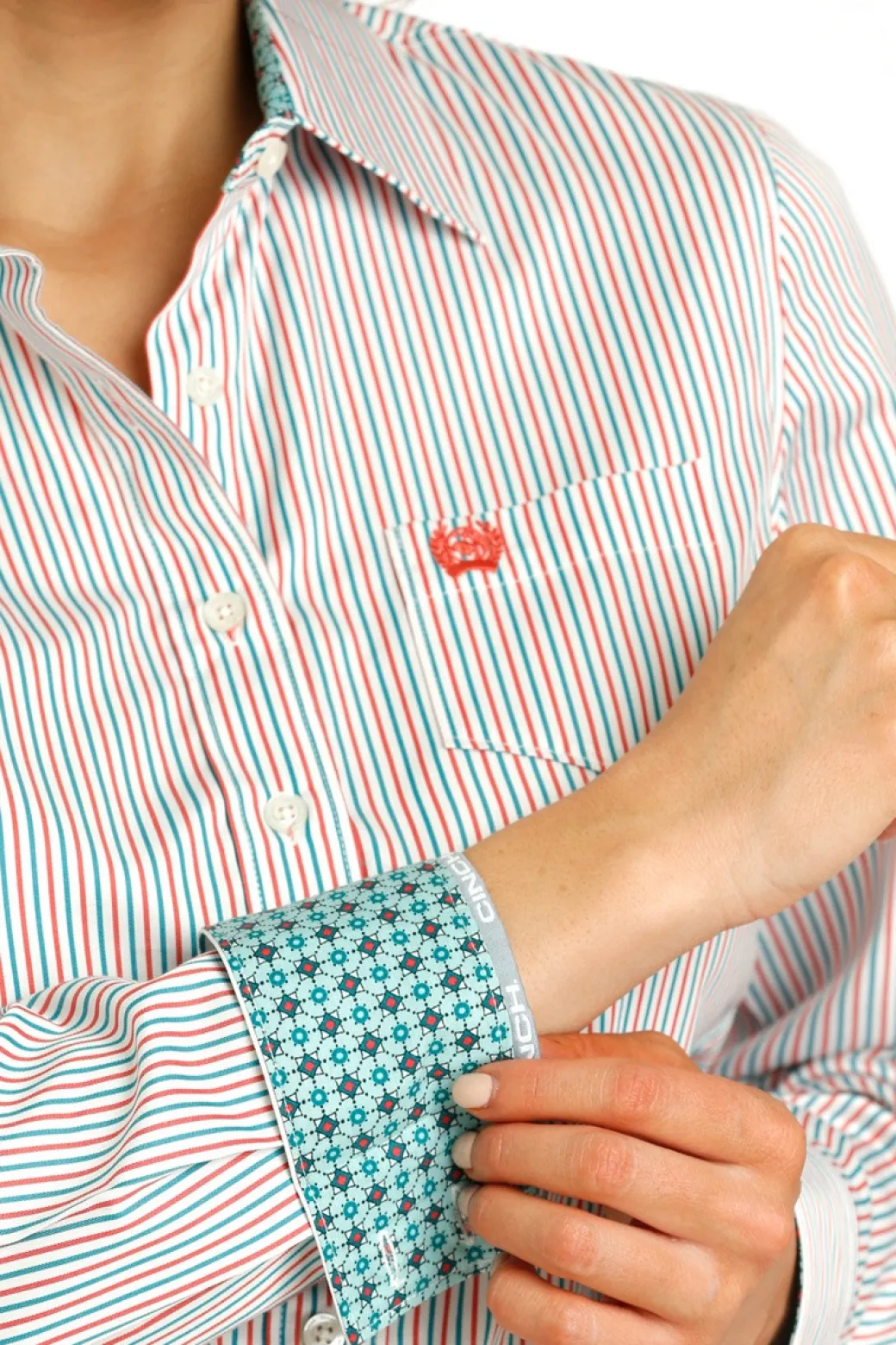 Cinch Tencel Teal/Coral Stripe LS Shirt