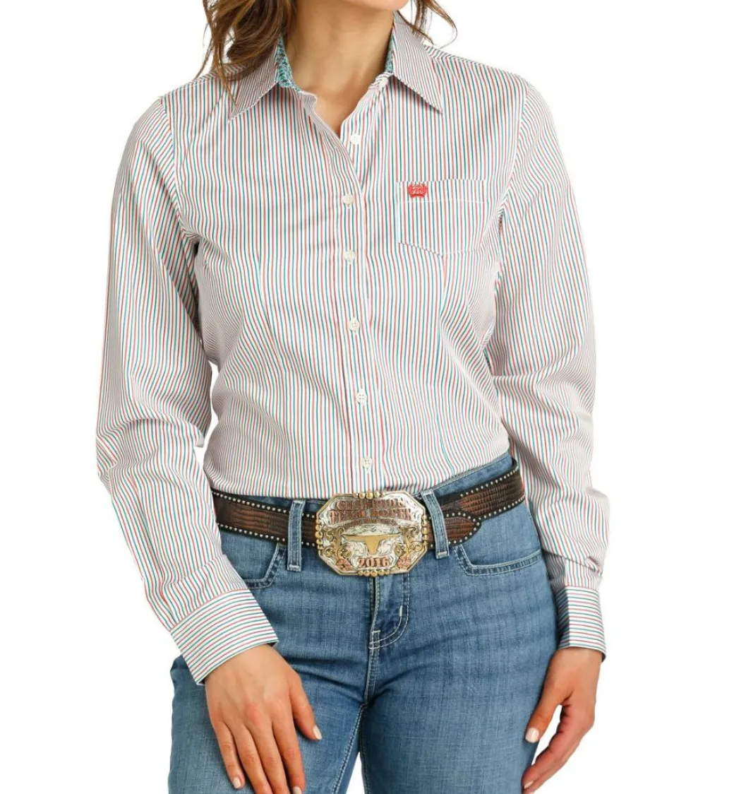Cinch Tencel Teal/Coral Stripe LS Shirt