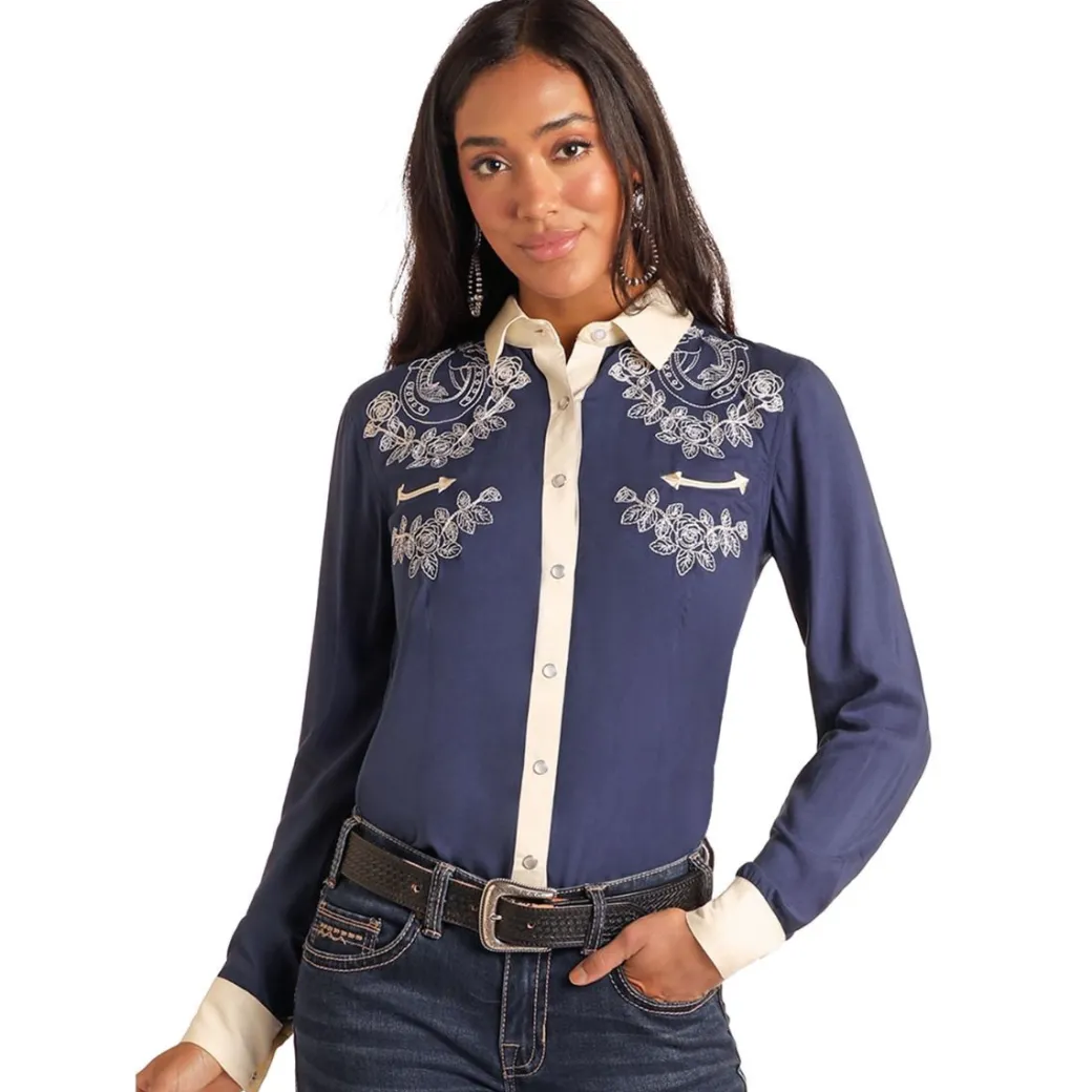 Panhandle Retro Embroidery Navy Snap Shirt