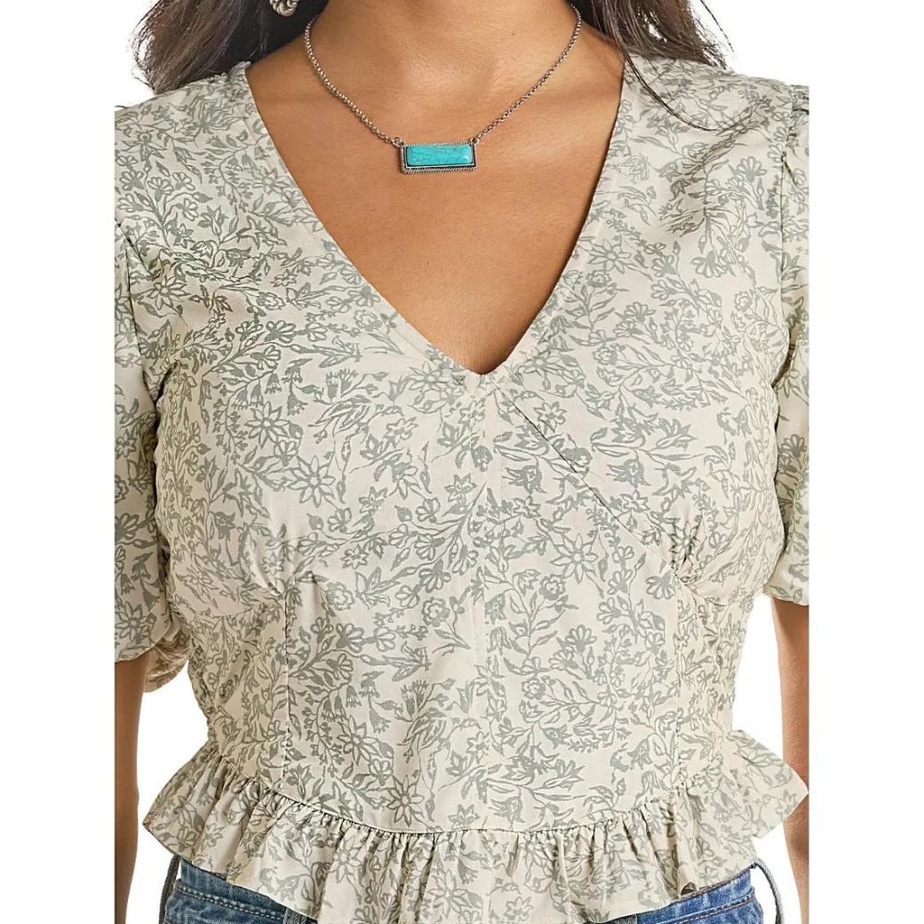 Rock & Roll Denim Floral Smocked Peplum Top