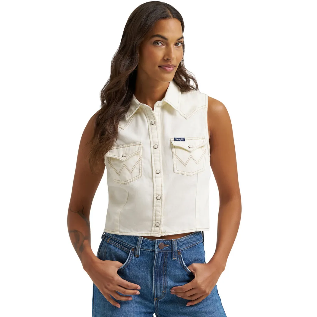 Wrangler Off White Denim Sleeveless Snap Shirt